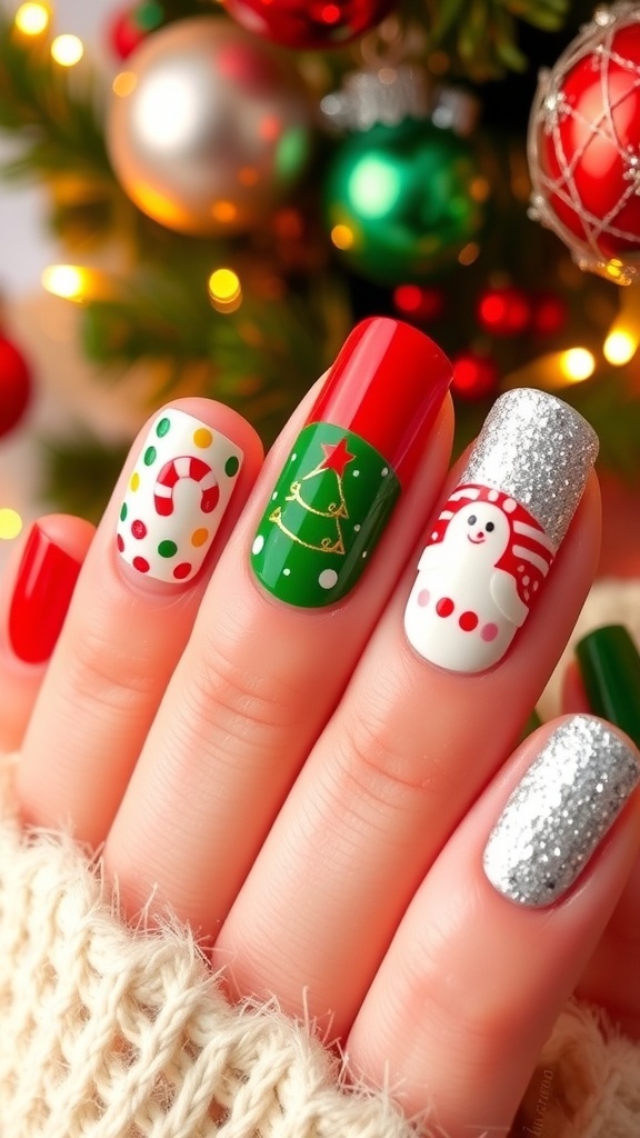 Colorful Christmas nail art with festive designs and glitter.